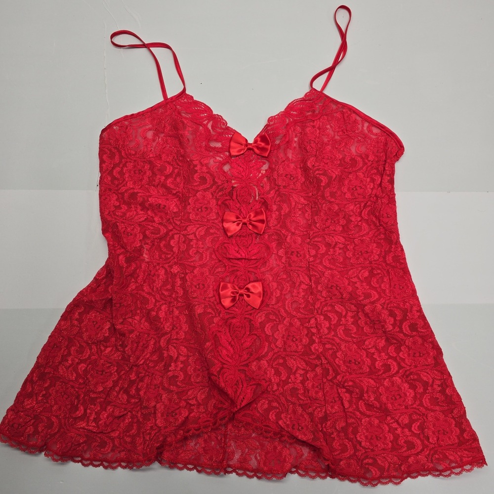 Inner Most Sears Vintage Red Lace Babydoll Lingerie Top XL Bows Made in USA‎